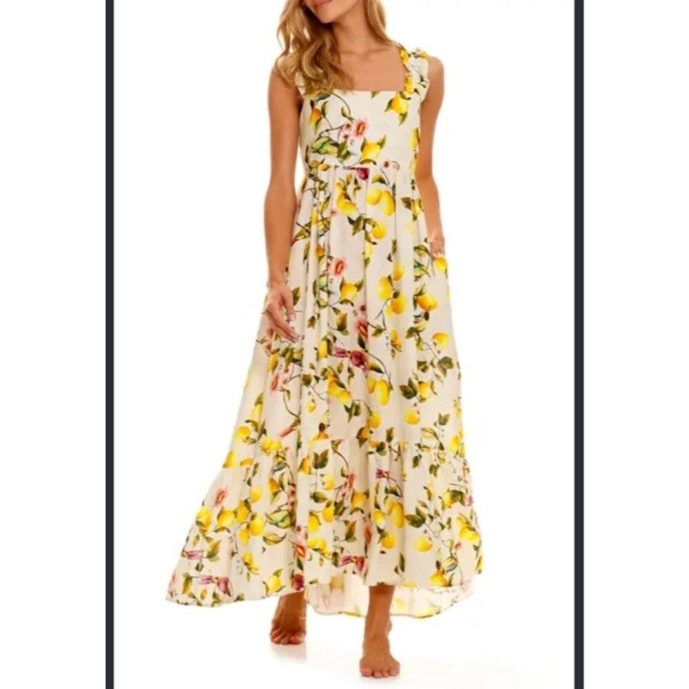 The Lazy Poet M Mika Maxi Dress Linen Lemon Floral Ruffle Print